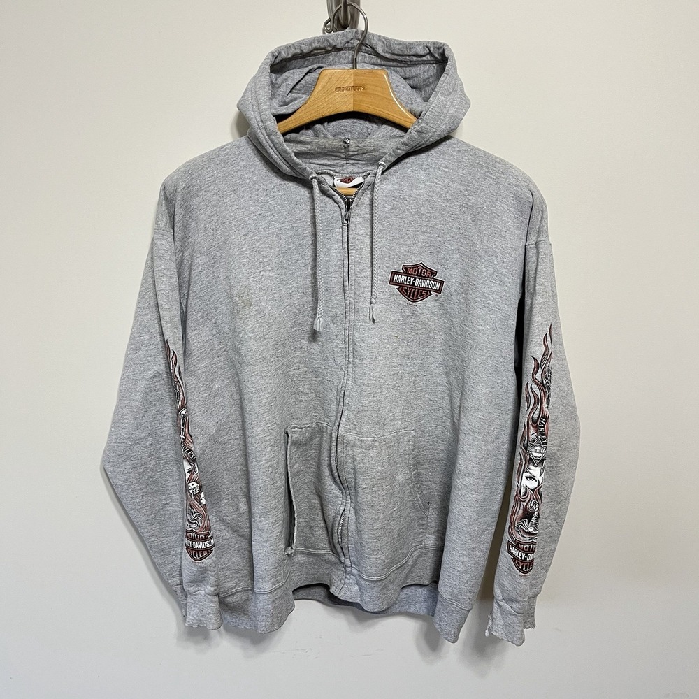 Vintage Harley-Davidson Hoodie Mens L Gray Full Zip Flame Sleeve Y2K Colboch TN